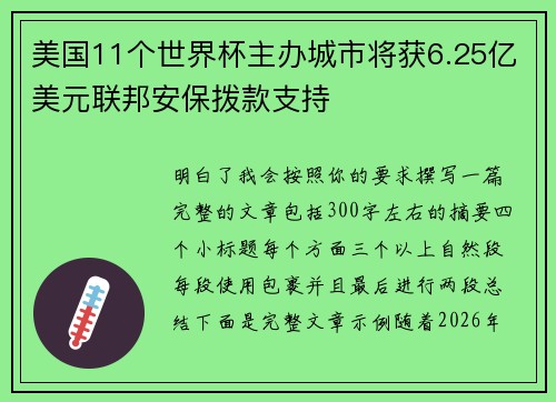 美国11个世界杯主办城市将获6.25亿美元联邦安保拨款支持