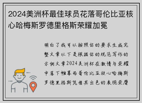 2024美洲杯最佳球员花落哥伦比亚核心哈梅斯罗德里格斯荣耀加冕