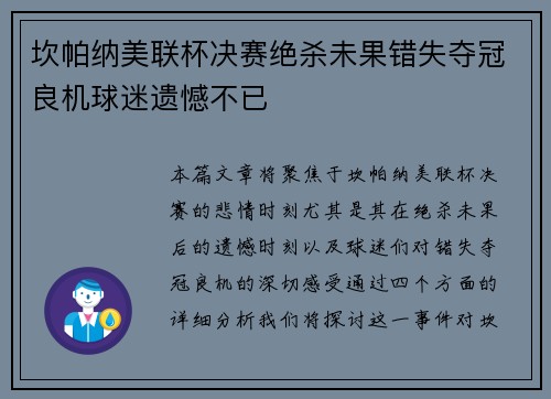 坎帕纳美联杯决赛绝杀未果错失夺冠良机球迷遗憾不已